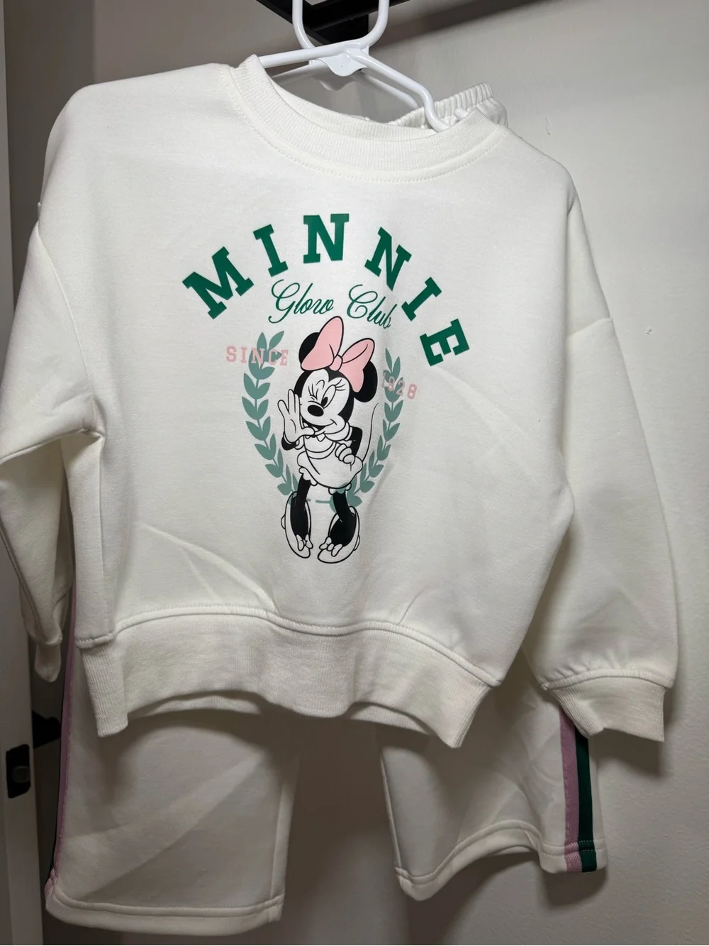 Minnie Kids Cream Sweatshirt & Jogger Pajama Set with Green and Pink Accents